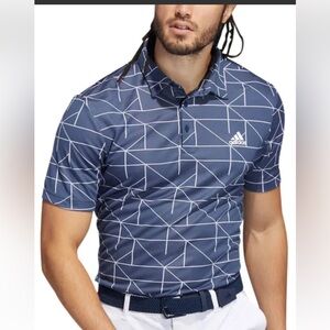 ADIDAS LINES JACQUARD NAVY POLO GOLF SHIRT MOISTURE WICKING ATHLEISURE SIZE MED